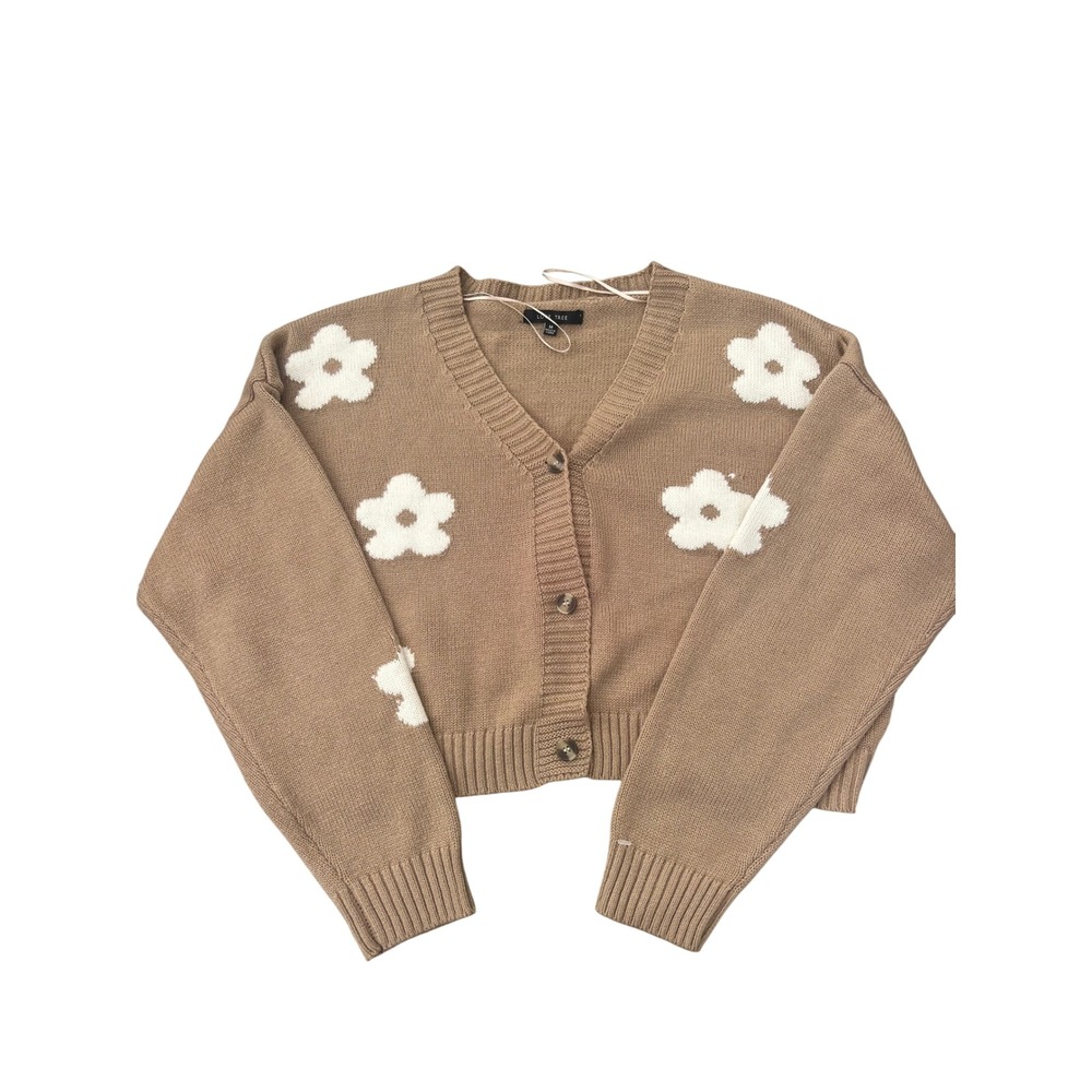 Love Tree Tan Daisy Floral Cropped Cardigan V-Neck Knit Sweater Tan White Medium